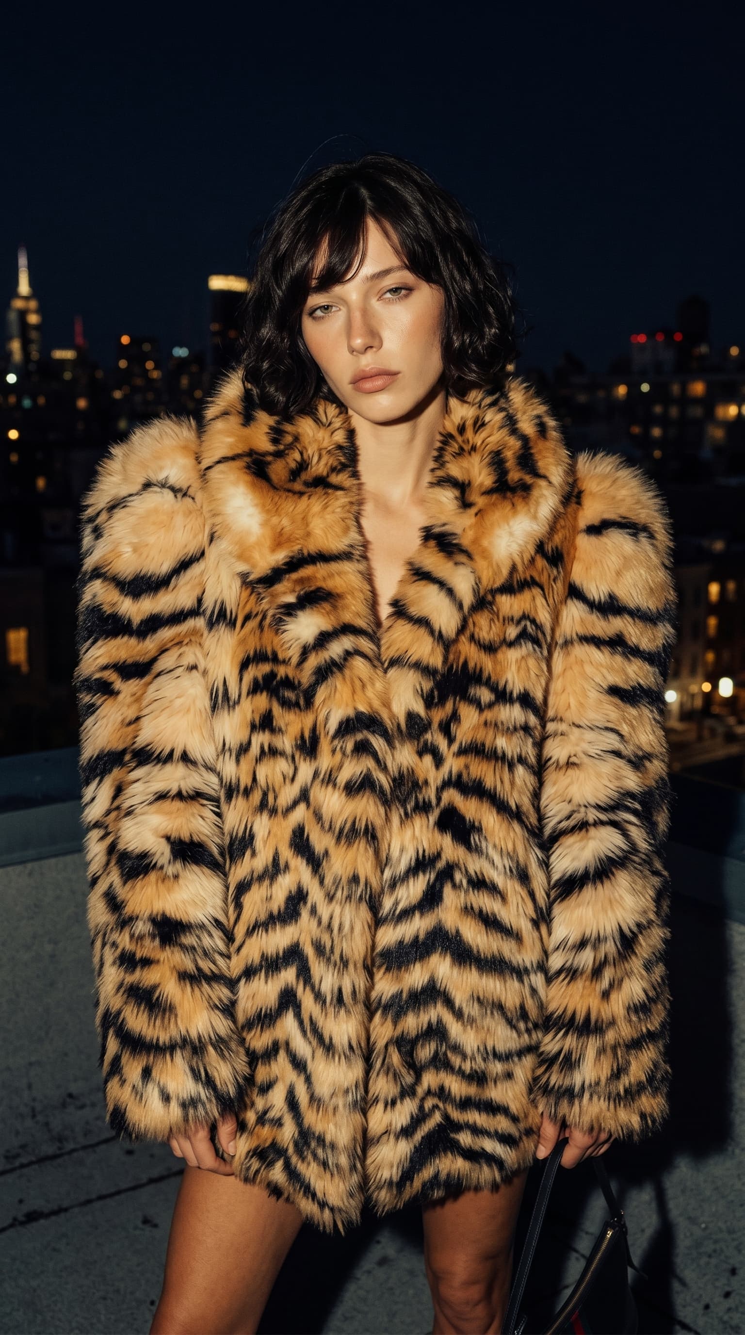 Modelo gerada no Our Space Studio: casaco animal print em rooftop noturno de Nova York